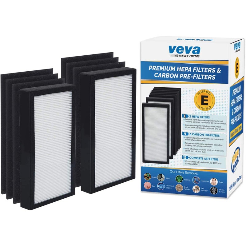 Veva HEPA Filter E Replacement (2 Pack) Compatible with Germ Guardian Air Purifier AC4100 / FLT4100. Pack of 2 HEPA Filters / 6 Carbon Pre-Filters. - Image 1